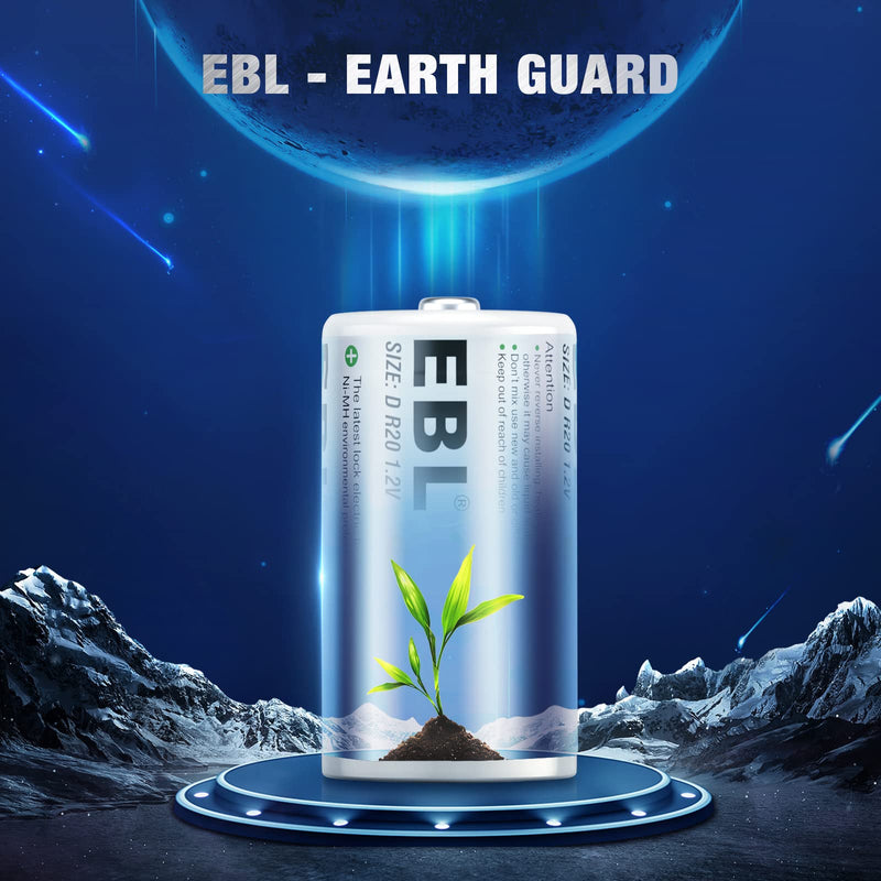 EBL D Cell Batteries 10,000mAh Ultra Pro Ni-MH Rechargeable D Batteries, 4-Pack 4Pack D