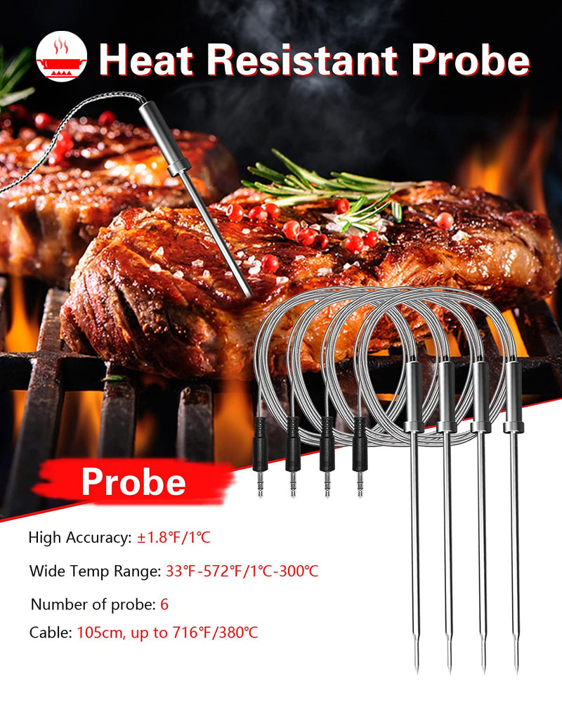 Bluetooth Meat Thermometer Wireless Meat Thermometer, Wireless Digital Grill Thermometer with 6 Temperature Probes, Large LCD Display, Bluetooth Thermometer for Grill, Smoker, Oven, Cooking and BBQ 6 Probes Black