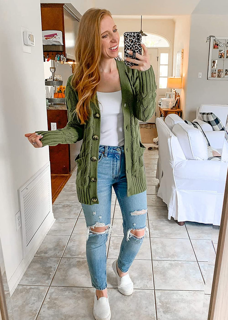 PRETTYGARDEN Womenâ€™s Long Sleeve Open Front Knitted Cardigan Sweater Button Down Chunky Outwear Coat Army Green Small