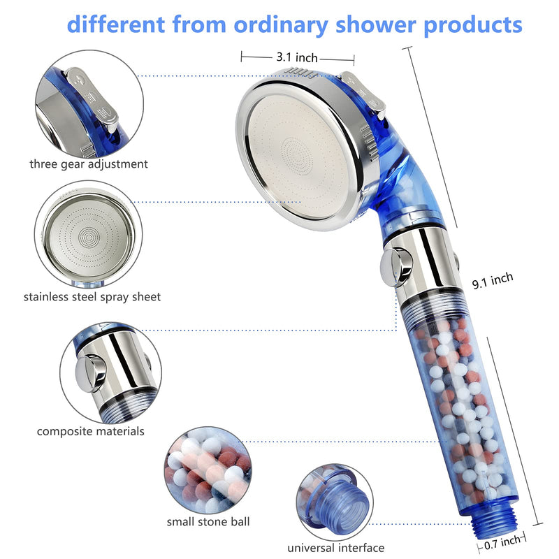 Shower Head with Hose and Hose Holder, 59 inches Expandable Shower Hose Extra Long for Bathing Toilet Cleaning, Leakproof Flexible Shower Hose Extension for shower head, Adjustable Shower Hose Holder Blue With Hose & Holder