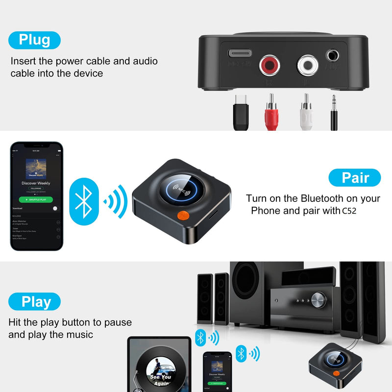 eppfun AK3040R Bluetooth 5.1 Receiver, with NFC, TF Card Slot, 3.5mm AUX/RCA, Wireless Audio Adapter Low Latency for Home Music Streaming Stereo System Black