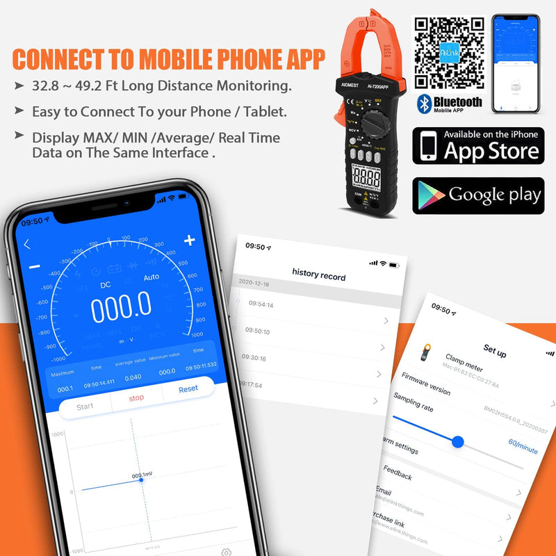 Digital Clamp Multimeter, AC DC Amp Volt Ohm Clamp-on Meter with Bluetooth APP, Intelligent DMM AN-7200APP Tester for Voltage Current Resistance Capacitance Hz Temp Diode Continuity Buzzer with Lamp