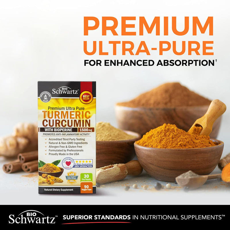 Turmeric Curcumin with BioPerine 1500mg - Natural Joint & Healthy Inflammatory Support with 95% Standardized Curcuminoids for Potency & Absorption - Non-GMO, Gluten Free Capsules with Black Pepper.