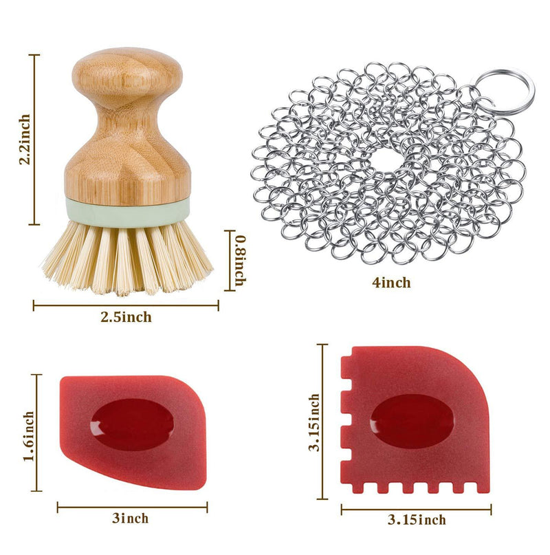 Cast Iron Cleaner kit, Wood Scrub Cleaning Brush, Stainless Steel Chainmail Scrubber, Pan Scrapers, Kitchen Cleaning
