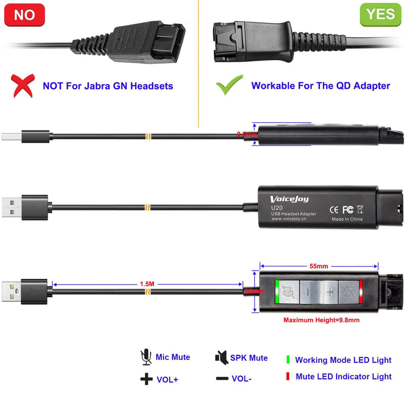 QD(Quick Disconnect) Connector to USB Adapter Cable with Volume Adjuster, Mute for Speaker and Microphone Separately Compatible with Any Plantronics and VoiceJoy Headset QD Plug U20 USB Adapter