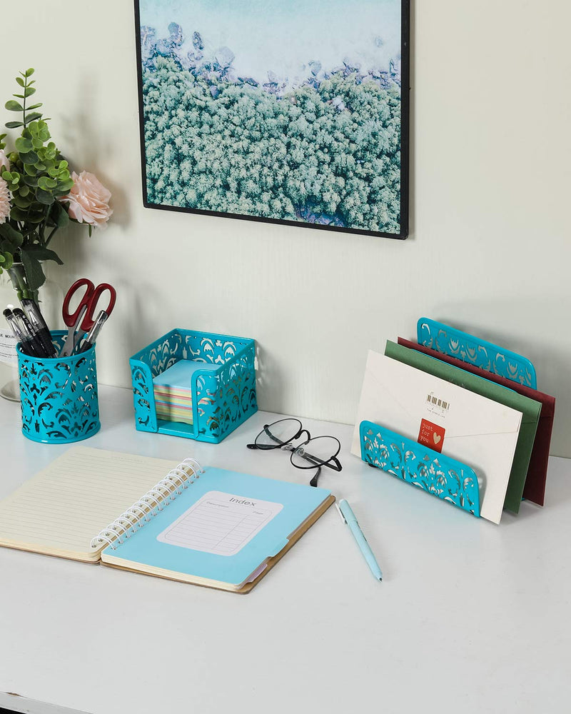 EasyPAG Cute Office Supplies 3 Piece Desk Organizer and Accessories Set - Letter Sorter, Pen Holder,Sticky Notes Holder,Dark Teal Dark Teal
