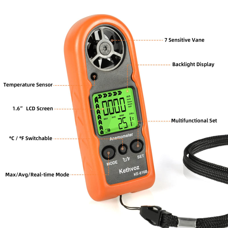 Mini Wind Gauge Digital Wind Meter, Kethvoz Handheld Anemometer Measure Air Flow Speed 0.3~30m/s, Wind Gauge with Thermometer for Windsurfing Kite Drone Flying Sailing Surfing KE-816B