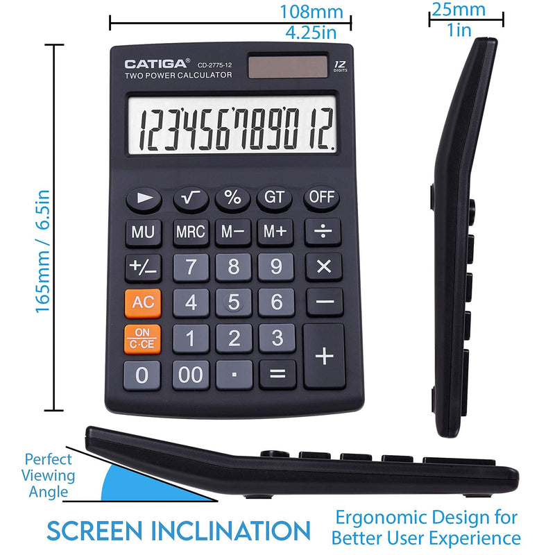 Desktop Calculator with 12 Digit LCD Display Screen, Home or Office Use, Easy to Use with Clear Display/Memory Functions, CD-2775 Black