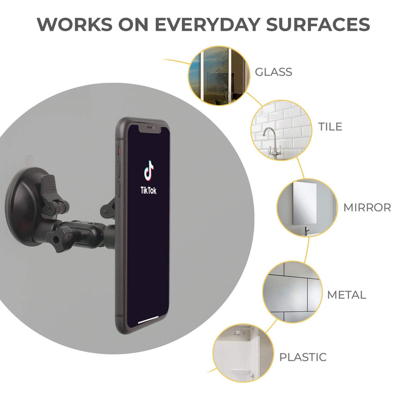 Hula+ Shower/Mirror Phone Holder/Mount/Stand. Reusable Non-Residue Mount for Bathroom/Kitchen/Wall. Compatible with All Phones, Great Gift for TikTok/YouTube/Make Up… (Black)