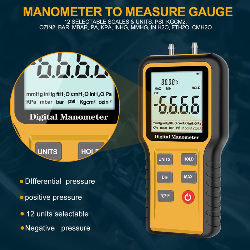 Manometer, Professional Air Pressure Meter, Dual-Port Manometer Gas Pressure Tester,12 Selectable Units Differential Pressure Gauge, HVAC Digital Manometer, Gas Pressure Tester