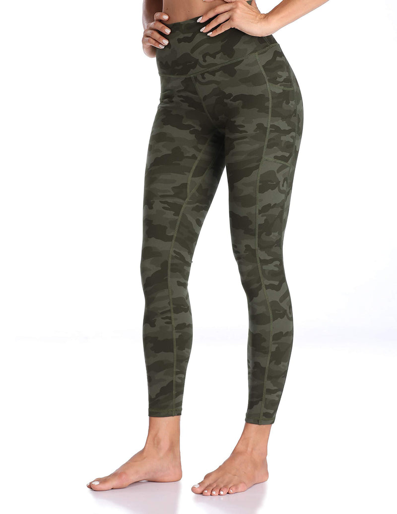 Colorfulkoala Women's High Waisted Yoga Pants 7/8 Length Leggings with Pockets Army Green Camo X-Small