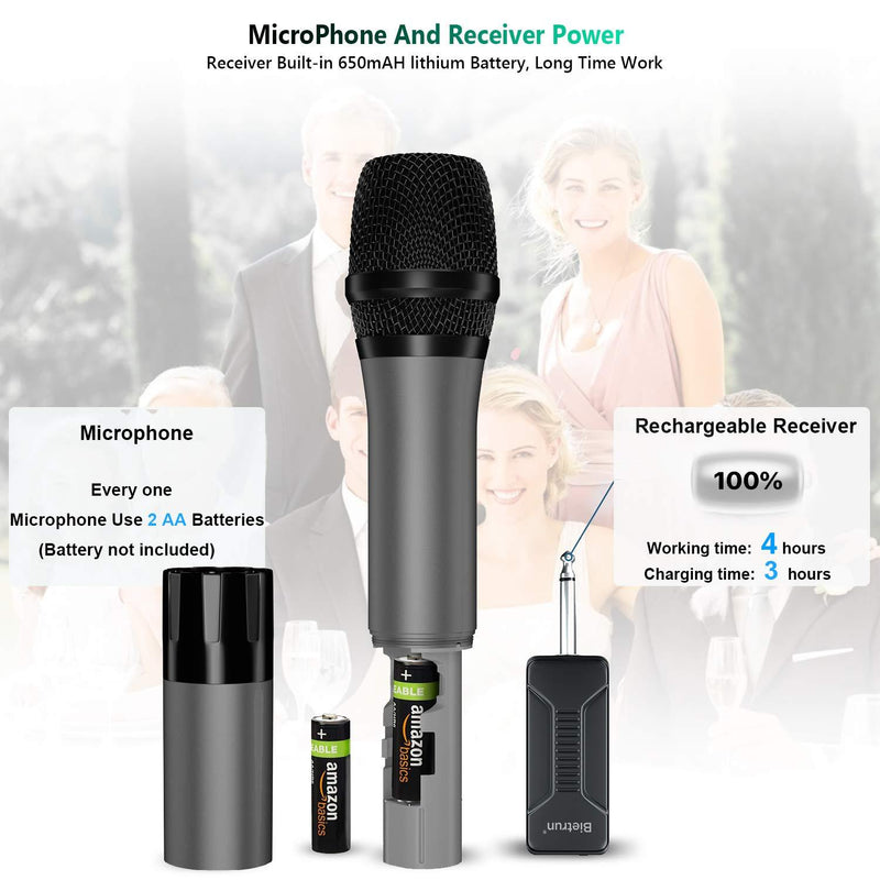 Bietrun Wireless Microphone, UHF Metal Dynamic Handheld Karaoke Mic with Rechargeable Receiver (Work 6hs), 160ft Range, For Karaoke Machine Singing, Amplifier Speaker, Mixer, iphone, Camera, Interview black