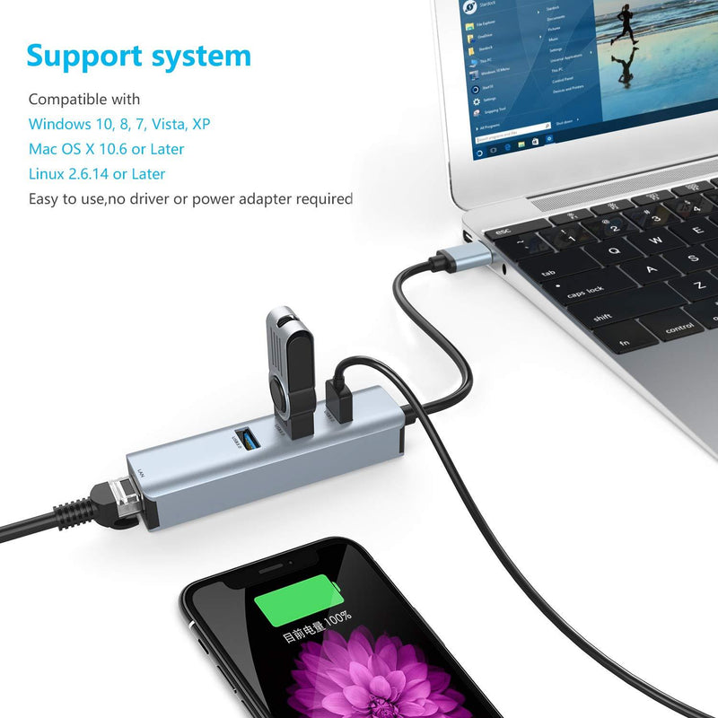 USB 3.0 to Ethernet Adapter,ABLEWE 3-Port USB 3.0 Hub with RJ45 10/100/1000 Gigabit Ethernet Adapter Support Windows 10,8.1,Mac OS, Surface Pro,Linux,Chromebook and More