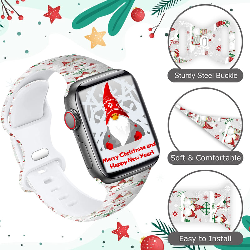 Christmas Silicone Bands Compatible for Apple Watch 38mm 40mm 41mm 44mm 42mm 45mm, Xmas Adjustable Soft Sports Wristband Strap for iWatch SE & Series 7/6/5/4/3/2/1 Christmas Gnome White 38mm/40mm/42mm