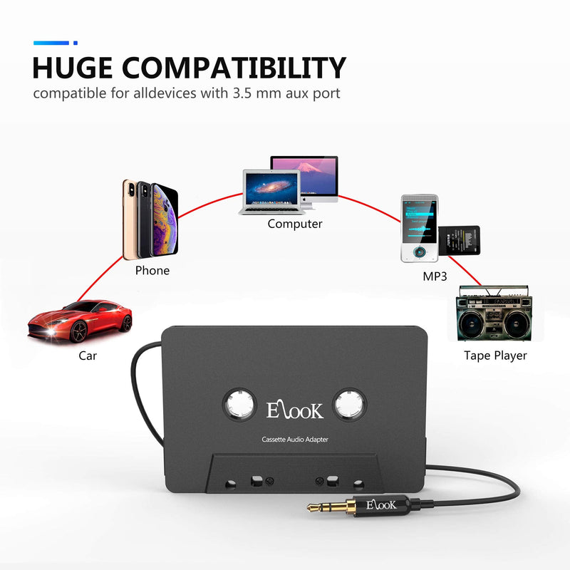 Elook Car Cassette Aux Adapter, 3.5mm Universal Audio Cable Tape Adapter for Car, Phone, MP3 ect. Black