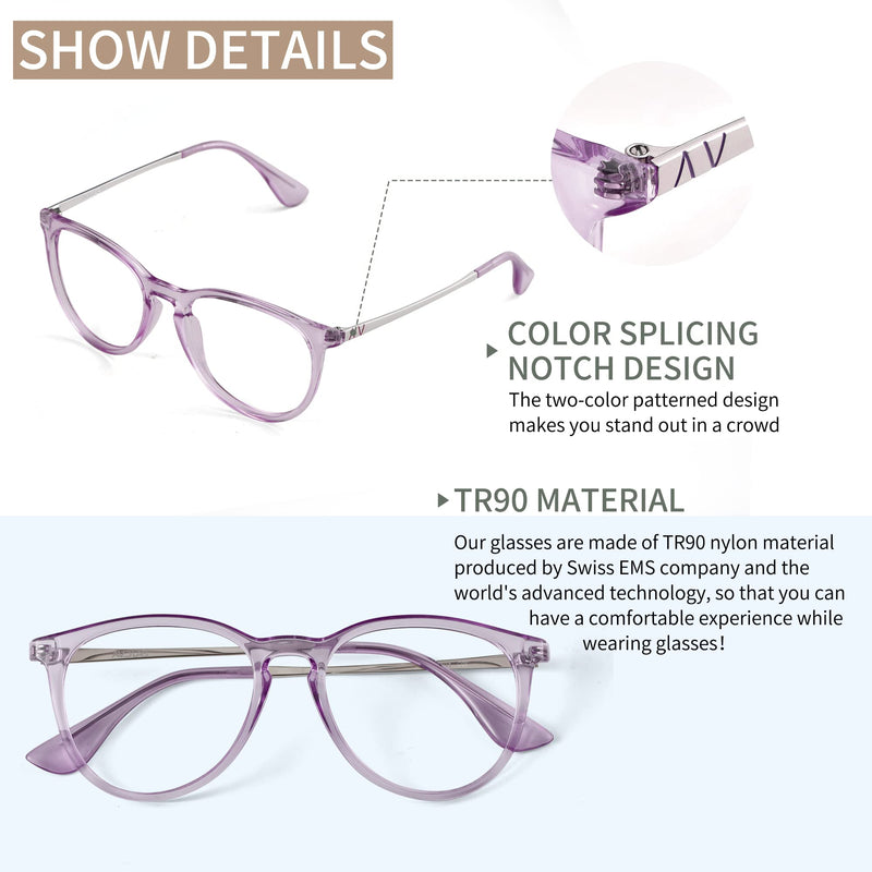 AVDLAB Blue Light Blocking Glasses for Women & Men, Anti Blu-Ray Clear Gaming Glasses Lenses to Ease Eye Strain AB3301 Bright Transparent Light Purple