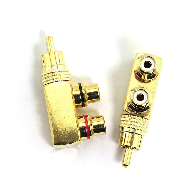 RuiLing 2pcs Copper RCA Splitter Plug 90 Degree Right Angle AV Audio Video Converter Connector Gold Plated 1 Male to 2 Female Adapter