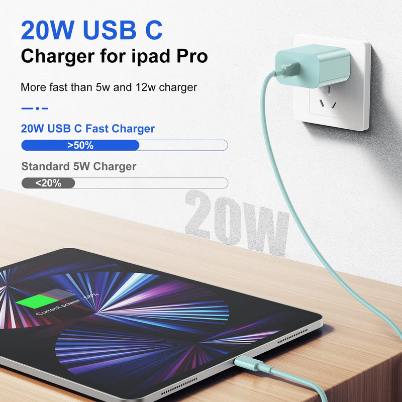 10 FT iPad Pro Fast Charger(Green),[Apple Certified] 20W USB C Charger with USB Charging Cord for for 2022/2021/2020/2018 iPad Pro 12.9,iPad Pro 11 inch,iPad Air 5th/4th Generation,iPad Mini 6,iPad 10 For USB C iPad-Green 2Pack-10FT