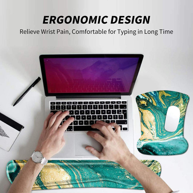 Wrist Rest for Computer Keyboard and Mouse Pad with Wrist Support Gel Teal Marble Ergonomic Mousepad Memory Foam Comfortable Keyboard Pad Set Non-Slip Base Come with A Cute Coaster