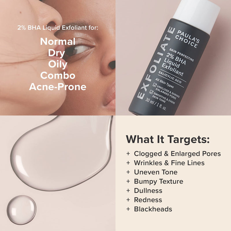Paula's Choice Skin Perfecting 2% BHA Liquid Salicylic Acid Exfoliant, Gentle Facial Exfoliator for Blackheads, Large Pores, Wrinkles & Fine Lines, Travel Size, 1 Fluid Ounce - PACKAGING MAY VARY 1 Fl Oz (Pack of 1)