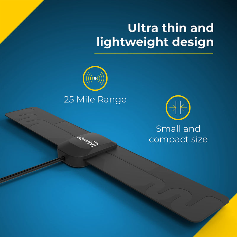 ViewTV 25 Mile Range Mini TV Antenna for Smart TV, Digital Indoor TV Antenna, Full HDTV - UHF/VHF 1080P Channels, High Performance, Lightweight - with 6.5 Foot Coaxial Cable - Black