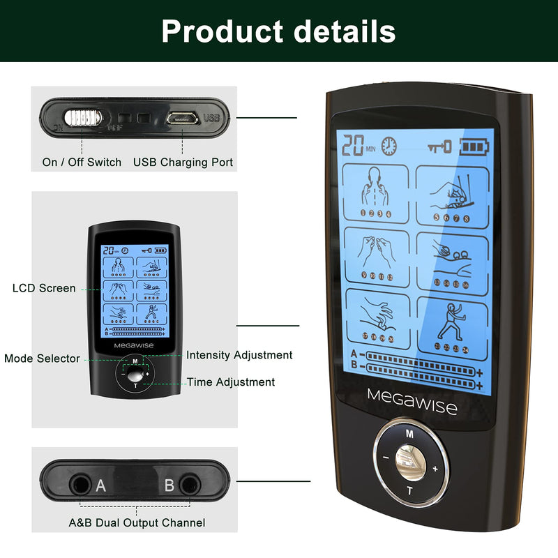 MegaWise 48 Modes（24 * 2） Dual Channel EMS TENS Unit Muscle Stimulator with 14Pcs Reusable Electrode Pads. Rechargeable Continuous Mode Electronic Pulse Massager with Storage Pouch/Pads Holder