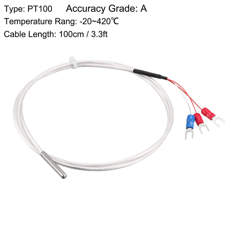 uxcell PT100 RTD Temperature Sensor Probe 3 Wires Cable Thermocouple Stainless Steel 100cm(3.3ft) (Temperature Rang: -20~420°C)