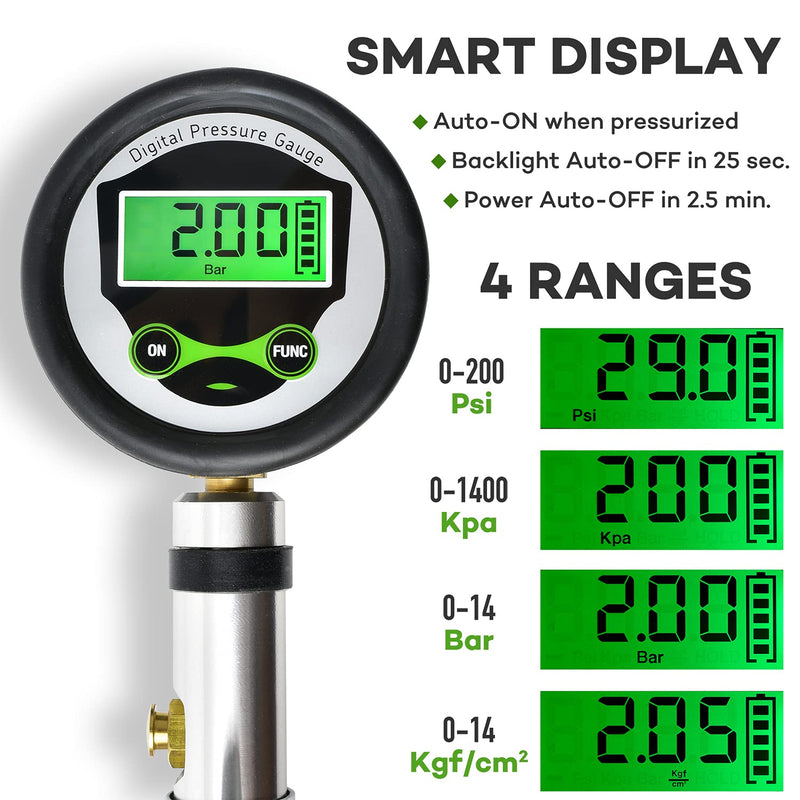 Digital Universal Bicycle Tire Inflator Gauge with Auto-Select Valve Type - Presta and Schrader Air Compressor Tool