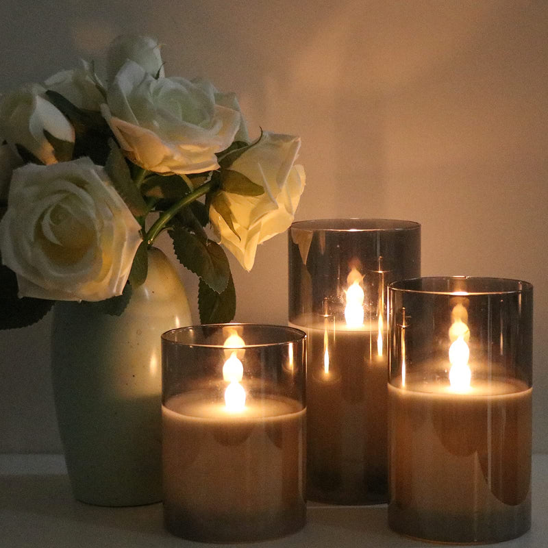 GenSwin Gray Glass Battery Operated Flameless Led Candles with 10-Key Remote and Timer, Real Wax Candles Warm White Flickering Light for Home Decoration(Set of 3) A-gray