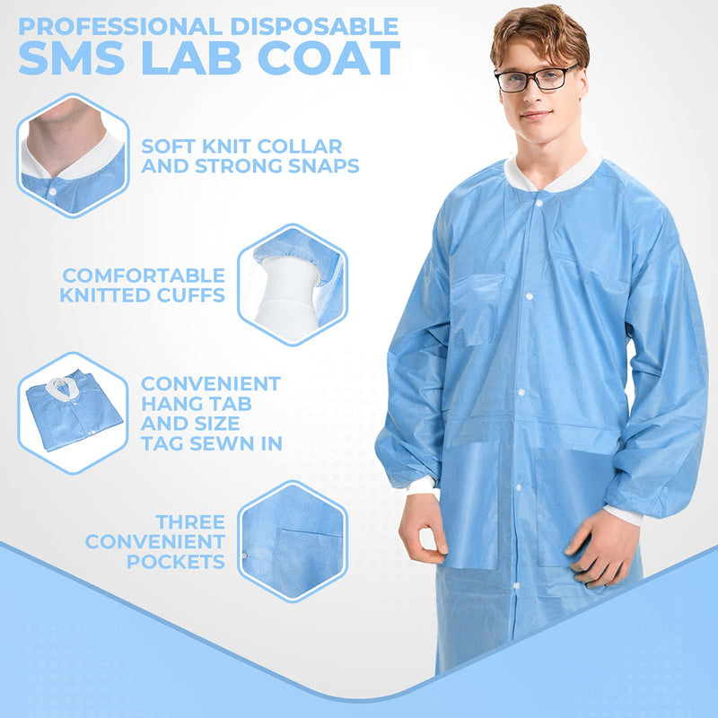 MEDICAL NATION 10 Disposable Lab Coats - Blue - Durable SMS Knee Length Lab Coat Unisex, Comfortable and Easy to Wear Labcoat, For Hospitals, Pharmacies, Laboratories, Dental Clinics - Extra Large
