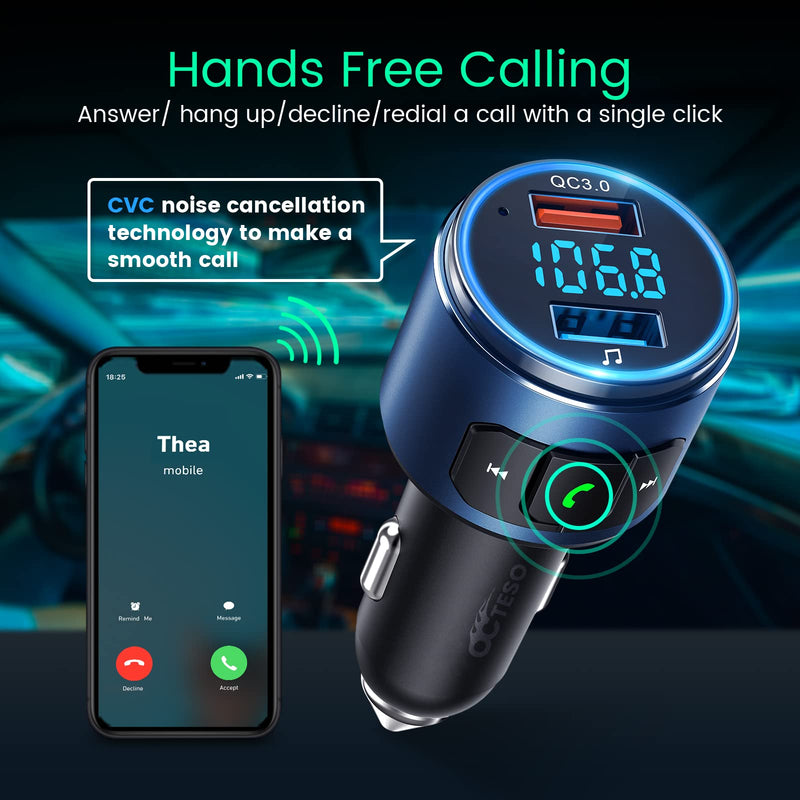 Octeso 2022 V5.0 Bluetooth FM Transmitter for Car, QC3.0 Wireless Bluetooth FM Radio Adapter Music Player/Car Kit with Hands-Free Calls, Siri Google Assistant, LED Backlit Blue