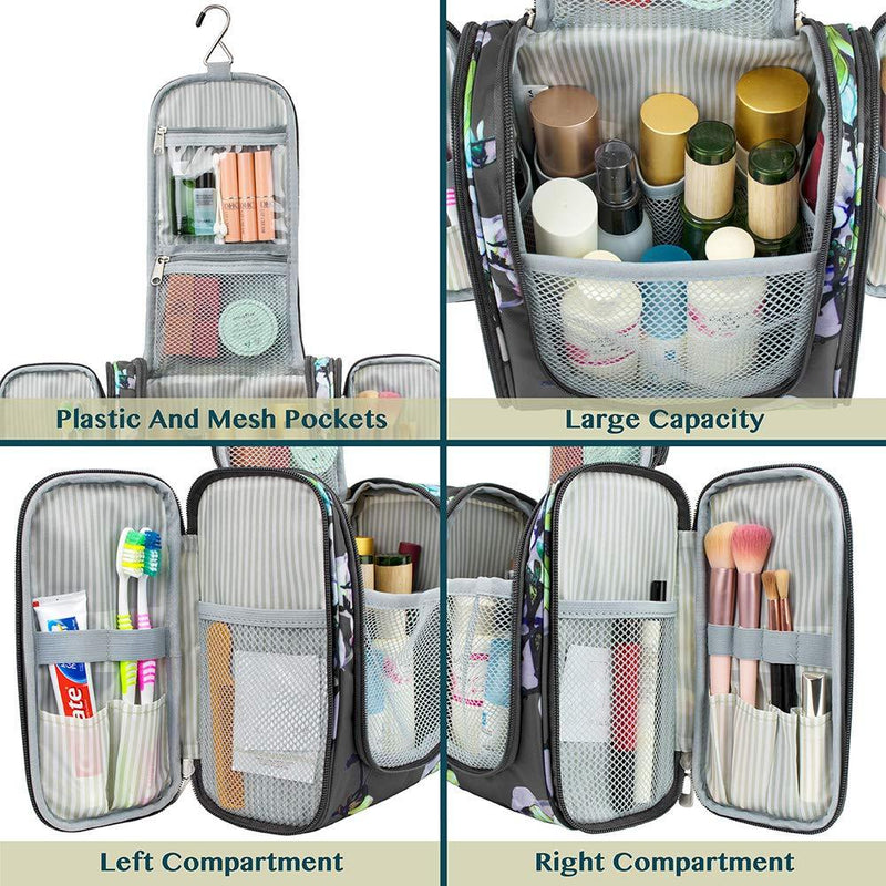 PAVILIA Hanging Travel Toiletry Bag Women Men | Cosmetics Makeup Organizer Kit Floral Grey