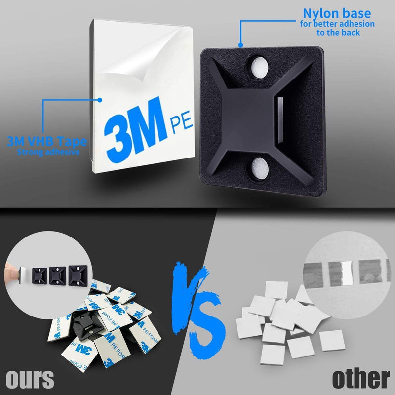 Black Cable Tie Zip Self Adhesive Mounts Set, Cable Base Holders with Multi-Purpose Sticky Pads 100 sets