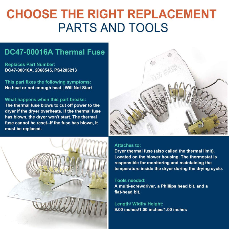 Dryer Heating Element for Samsung dv42h5000ew/a3 dv45h7000ew/a2 dv48h7400ew/a2 DC47-00019A Dryer Heating Element DC47-00018A Thermostat DC47-00016A DC32-00007A Thermistor & DC96-00887A Thermal fuse