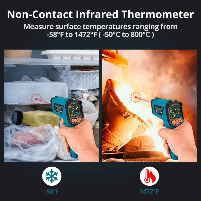 Infrared Thermometer (not for humans) -50°C to 800°C Tilswall IR Digital Laser Temperature Meter with Thermometer Cooking LCD Display, Alarm for High/Low Temperature Cooking Barbecue