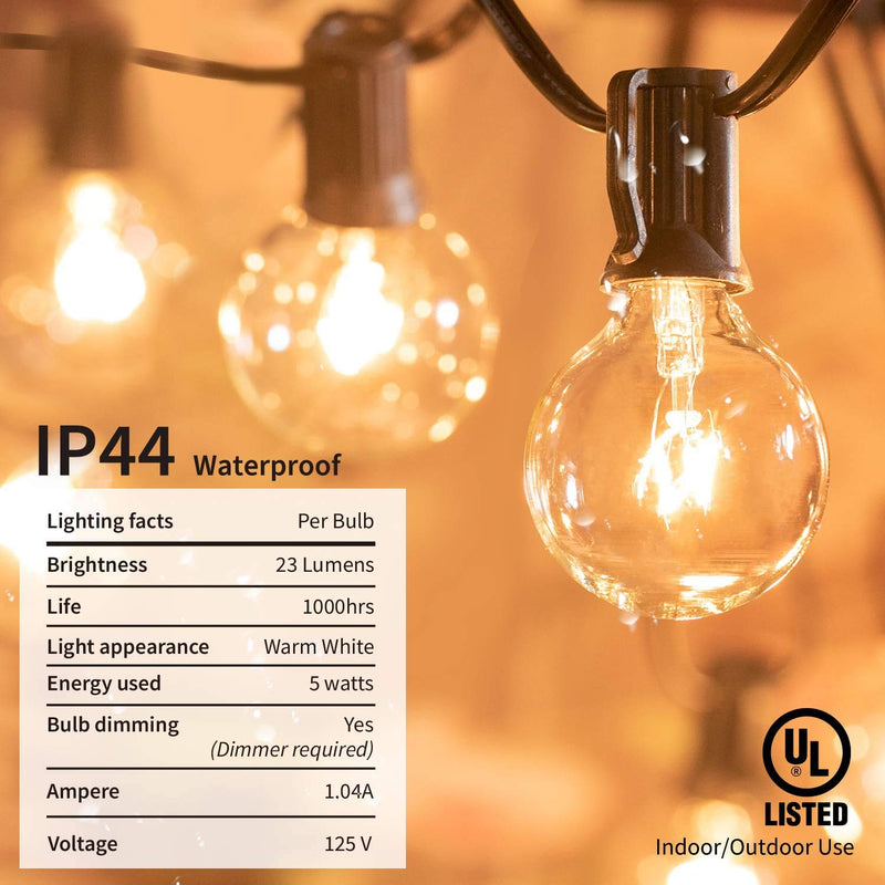 Outdoor String Lights 25 Feet G40 Globe Patio Lights with 27 Edison Glass Bulbs(2 Spare), Waterproof ConnectableÂ Hanging Light for Backyard Porch Balcony Party Decor, E12 Socket Base,Black 25 ft Black