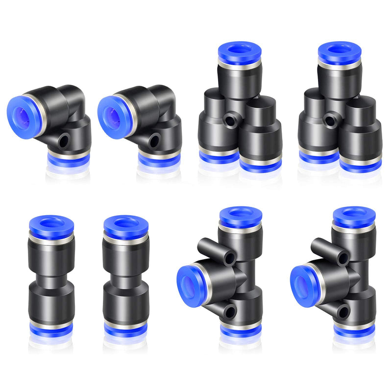 TAILONZ PNEUMATIC 1/4 Inch od Push to Connect Fittings Pneumatic Fittings Kit 2 Spliters+2 Elbows+2 tee+2 Straight (8 pcs) 1/4"OD Blue 8
