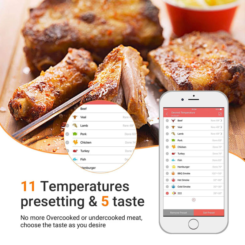 Inkbird Bluetooth Grill BBQ Meat Thermometer with 4 Probes Digital Wireless Grill Thermometer, Timer, Alarm,150 ft Barbecue Cooking Kitchen Food Meat Thermometer for Smoker, Oven, Drum