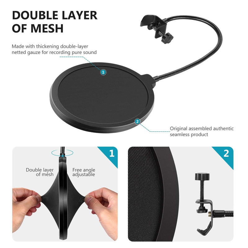 Neewer Professional Microphone Pop Filter Shield Compatible with Blue Yeti and Any Other Microphone, Dual Layered Wind Pop Screen With A Flexible 360 Degree Gooseneck Clip Stabilizing Arm Standard Packaging