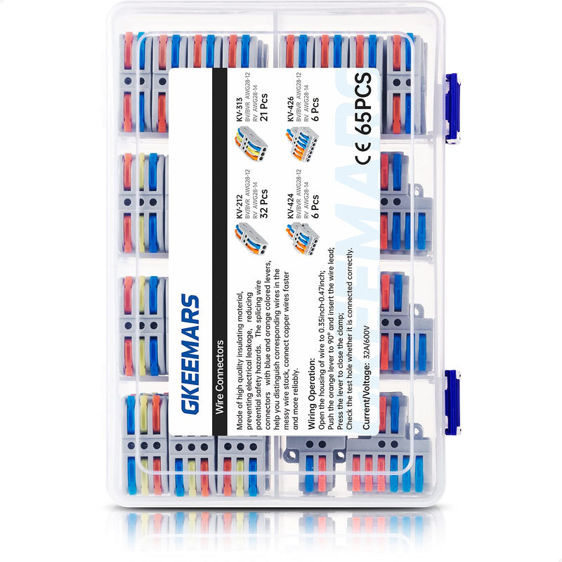 GKEEMARS 65 Pcs Compact Splicing Wire Connectors Assortment Pack Lever Connector Kit, Quick Wiring Connector for AWG 28-12