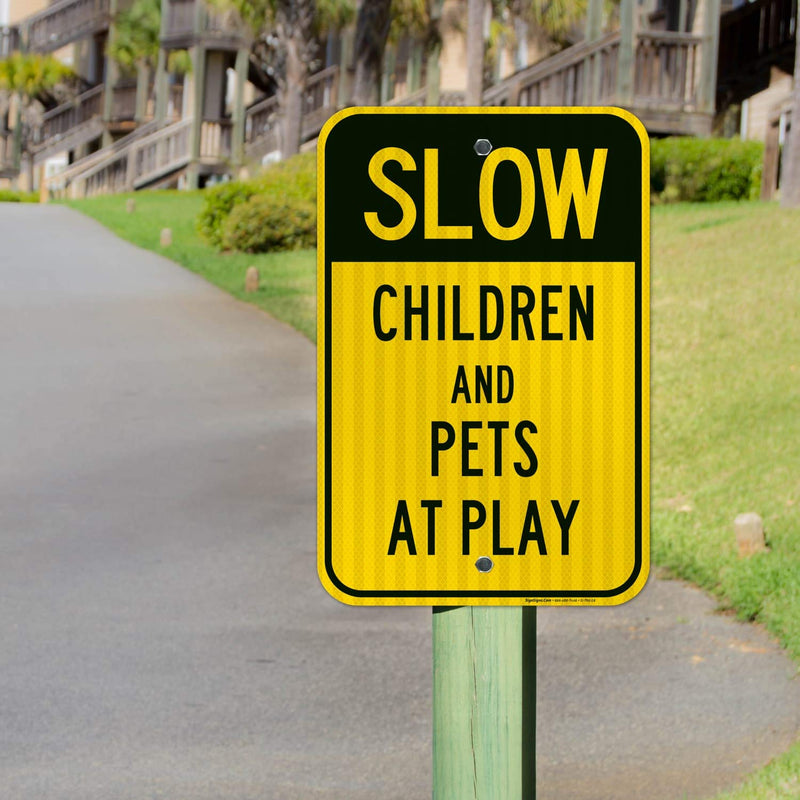 Children and Pets at Play Sign, Slow Down Sign, Large 12x18 3M Reflective (EGP) Rust Free .63 Aluminum, Weather/Fade Resistant, Easy Mounting, Indoor/Outdoor Use, Made in USA by Sigo Signs Reflective Aluminum EGP