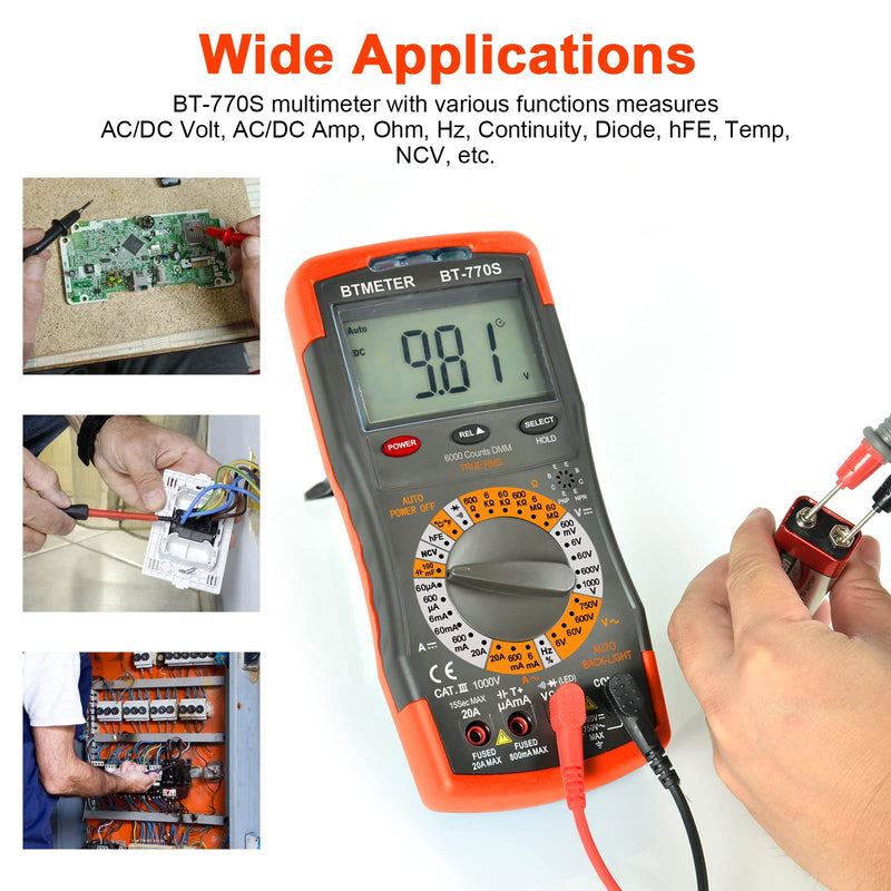 BTMETER BT-770S Multimeter Manual Ranging Electric Meter, for AC DC Volt Amp Ohm Capacitance Frequency with Continuity Tester, Auto Backlit for Automotive Hobbyist Electrical Home BT-770S Manual Ranging