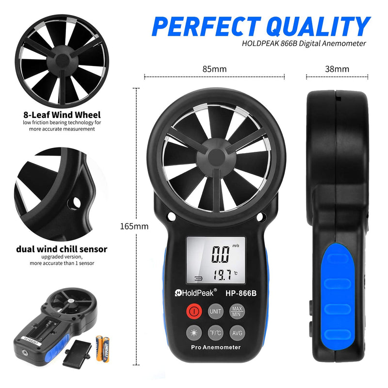 HoldPeak 866B Digital Anemometer Handheld Wind Speed Meter for Measuring Wind Speed, Temperature and Wind Chill with Backlight and Max/Min 1Pcs 866B Anemometer