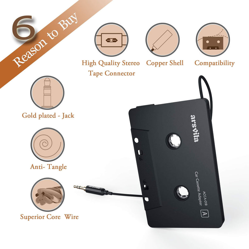 Arsvita Car Audio Cassette to Aux Adapter , 3.5 MM Auxillary Cable Tape Adapter