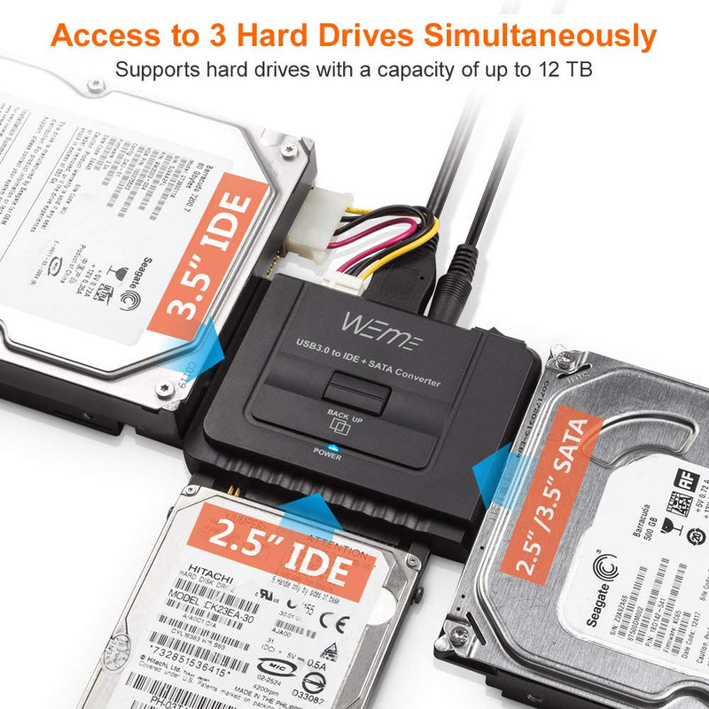 WEme USB 3.0 to SATA IDE Adapter with Universal 2.5" 3.5" Hard Drive Disk Converter for HDD SSD and IDE HDD, Support 12TB and One-Touch Backup, Include 12V 2A Power Adapter and USB 3.0 Cable for Laptop USB3.0 to SATA+IDE adapter