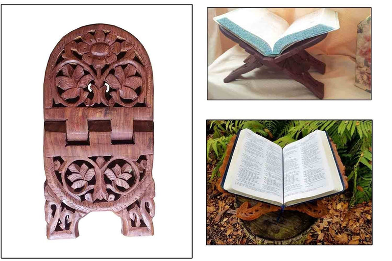 Wooden Carving Flower Design Folding Religious Book Stand, Wooden Book Stands & Holders for Reading, Adjustable Book Stand | Handmade | (11 x 7 Inch)