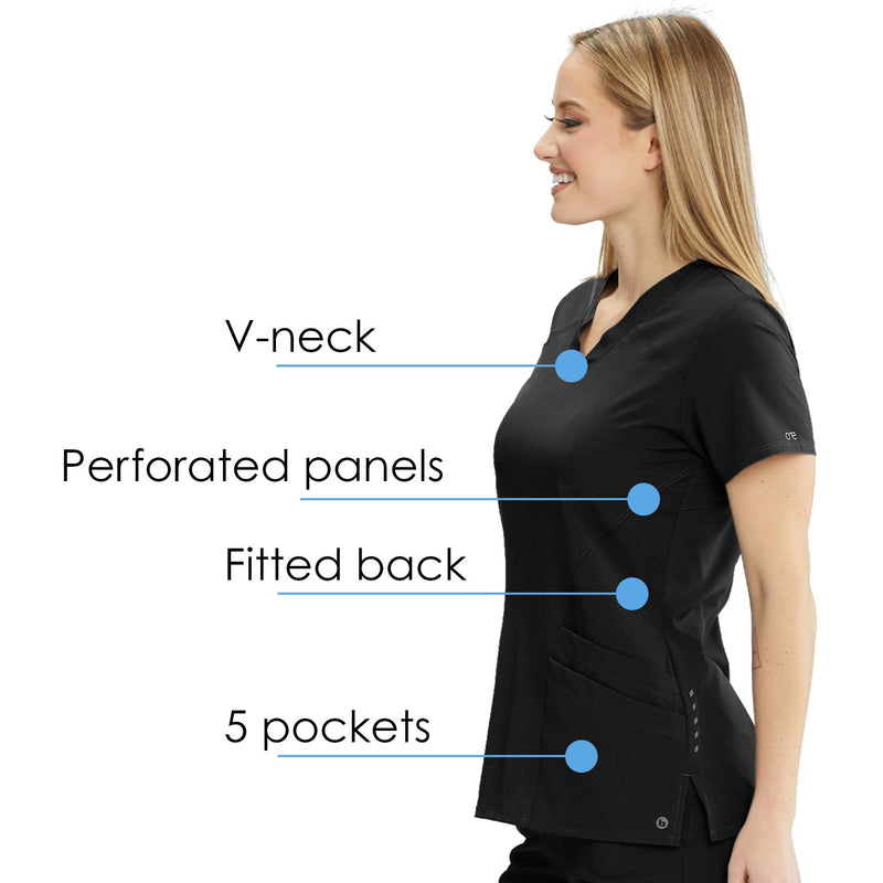 BARCO ONE Women’s Pulse Scrub Top, Sporty V-Neck Medical Top w/ 4-Way Stretch & 5 Pockets Small Black
