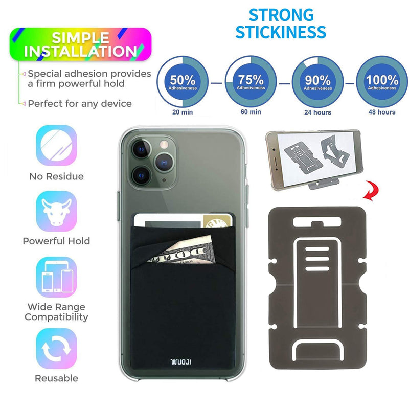[2pc] 3 in 1 RFID Blocking Metal Plate Phone Card Wallet - Double Secure Pocket - Mounts to Magnets -Self Adhesive Credit Card Holder Phone Wallet Sticker for All Smartphones(Black) Black
