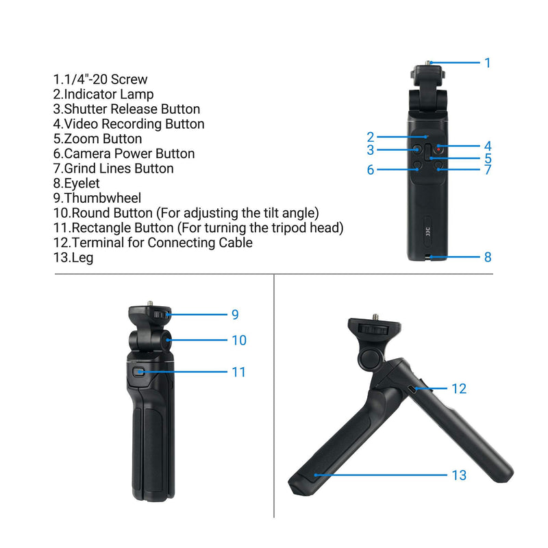 JJC Wired Remote Shooting Grip Mini Tripod for Sony RX100 Mark II III IV V VA VI VII ZV-1 A6500 A6400 A6300 A6100 A6000 A5100 HDR-CX405 CX440 CX675 FDR-AX53 AX43 AX33 AX100 & More Sony Camera Handycam