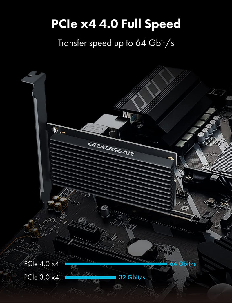 GRAYEAR | M.2 PCIe 4.0 card | for M.2 NVMe SSD | M key | 4X silicone thermal pads | Large aluminum heatsink | 2280, 2260, 2242, 2230 | High + low profile slot bracket | G-M2PCI01